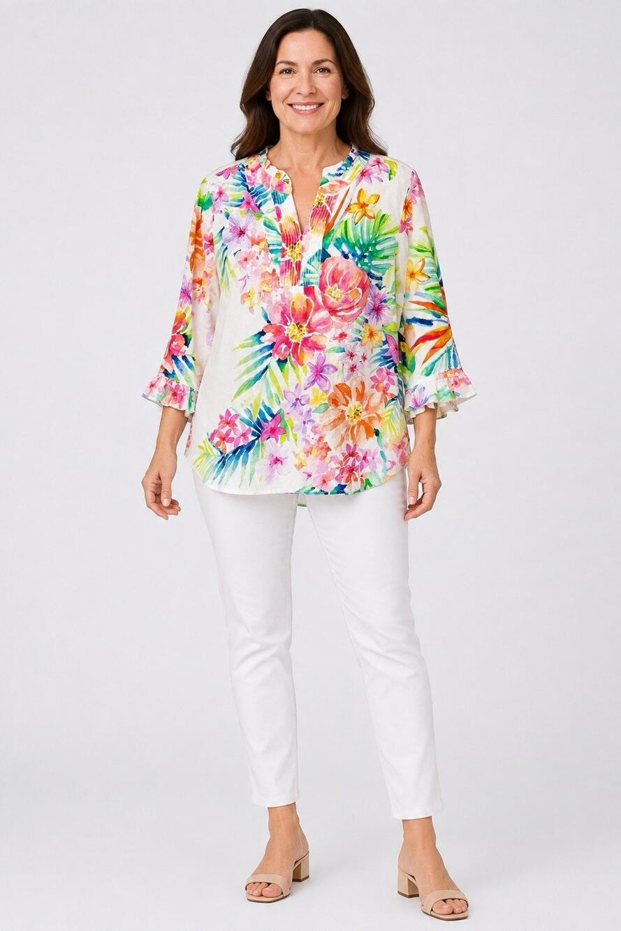 John Mark Spring Fling 100% Linen Floral Ruffle Sleeve Top Petite L NWT $119